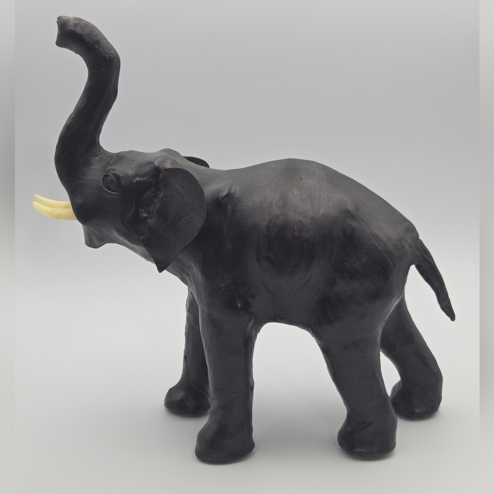 Vintage‎ Black Leather Wrapped Elephant Figurine 8”x7”x3” India Raised Trunk